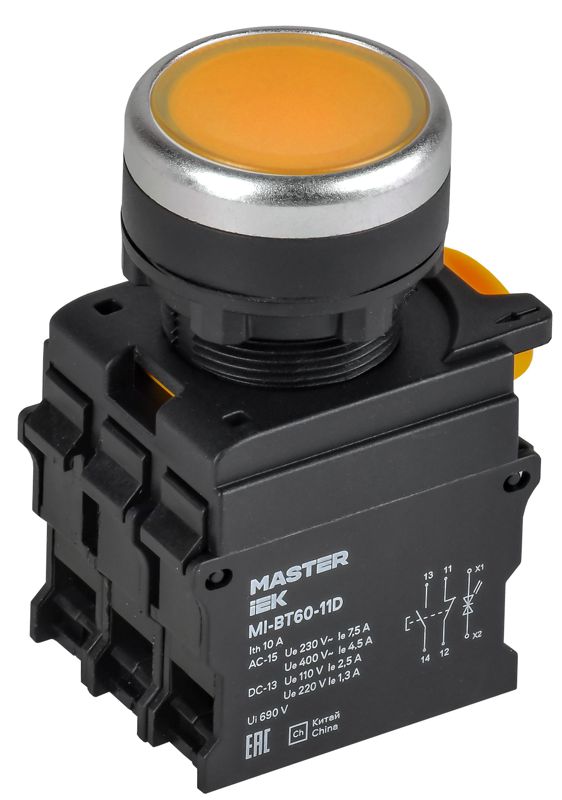 Кнопка d22мм 1НО+1НЗ MASTER с подсветкой желт. IEK MI-BT60-11D-3-12-K05