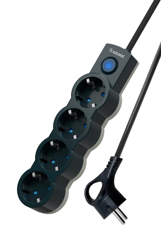 Удлинитель 4х5м с заземл. 10А IP20 2200Вт 220В защ. шторки ПВС 3х1 с выкл. черн. КОСМОС YKsm5m-4g-Z-V10A-B