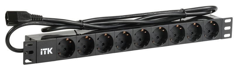 Блок розеток 9 мест PDU (немец. станд.) DIN 49440 ПВХ профиль 1U шнур 2м; вилка IEC 320 C14; черн. ITK PH22-9D2-P