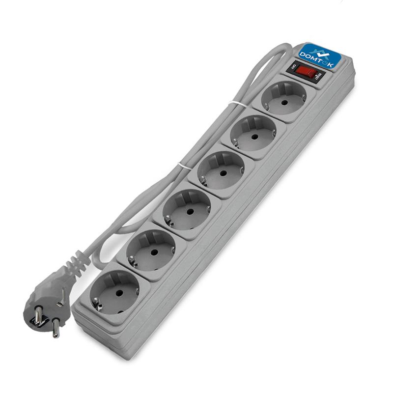 Удлинитель с сетевым фильтром 6х5м с заземл 10А IP20 2.2кВт ПВС 3х1 с выкл. сер. DOMTOK 2520