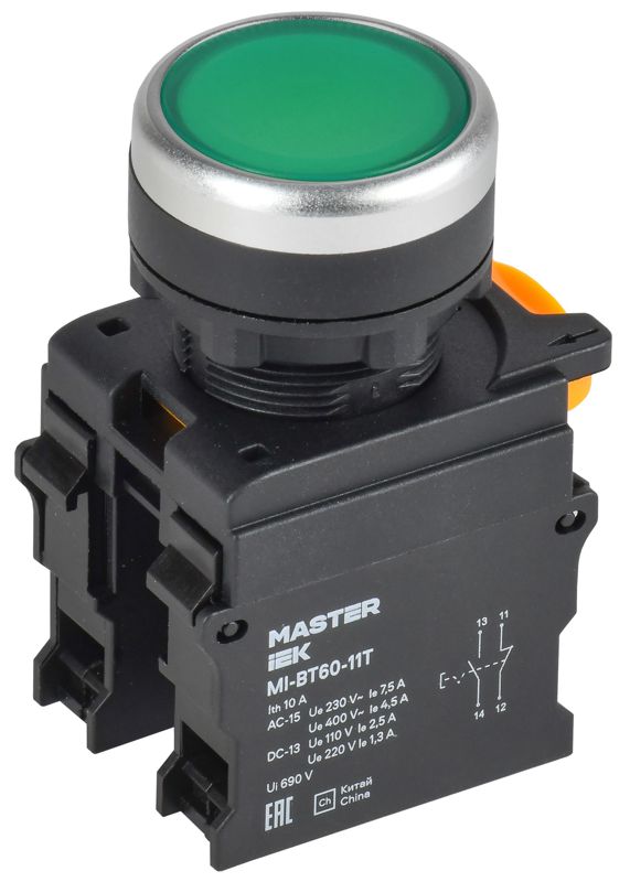 Кнопка d22мм 1НО+1НЗ MASTER с фиксацией зел. IEK MI-BT60-11T-3-21-K06