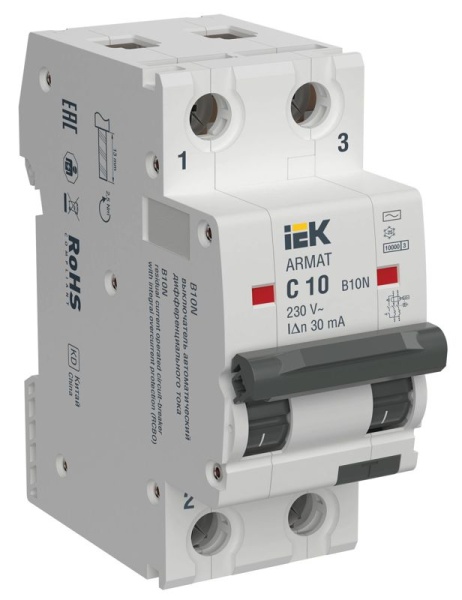 Выключатель автоматический дифференц. тока B10N 2P C10 30мА тип AC ARMAT IEK AR-B10N-2-C010C030