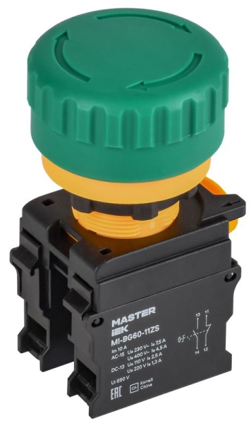 Кнопка "Грибок" 1НО+1НЗ MASTER поворотн. с фиксацией зел. IEK MI-BG60-11ZS-3-23-K06