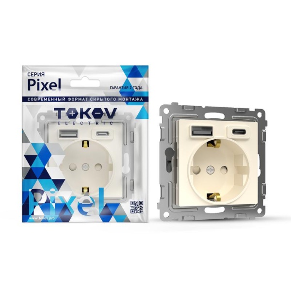 Розетка 1-м СП Pixel IP20 с заземл. с 2-мя заряд. устр. USB тип A+C механизм беж. TOKOV ELECTRIC TKE-PX-R1U2AC-C02