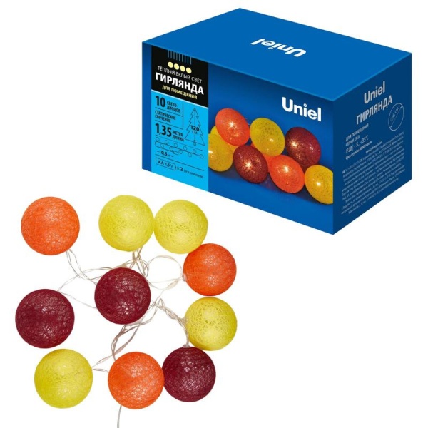 Гирлянда ULD-S0135-010/STB/2AA WARM WHITE IP20 TANGLES-3 "Клубки-3" 2AA (не в/к) 1.35м 10 LED тепл. свет. провод прозр. Uniel UL-00008668