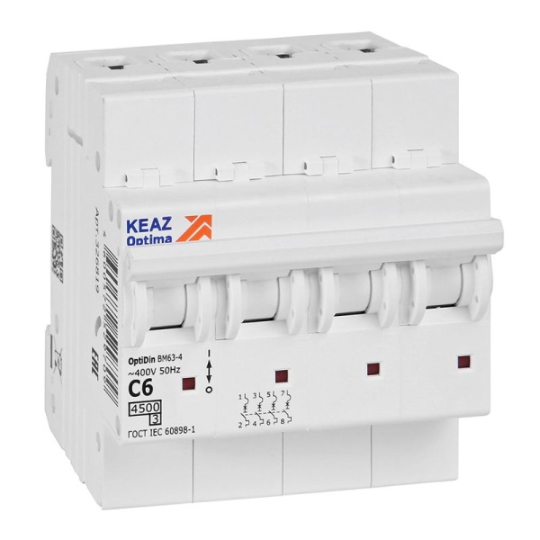 Выключатель автоматический модульный 4п C 6А OptiDin BM63-4C6-4.5-УХЛ3 КЭАЗ 326819