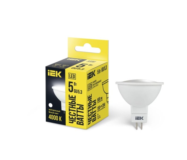 Лампа светодиодная 5Вт MR16 софит 4000К нейтр. бел. GU5.3 450лм 230-240В IEK LLE-MR16-5-230-40-GU5