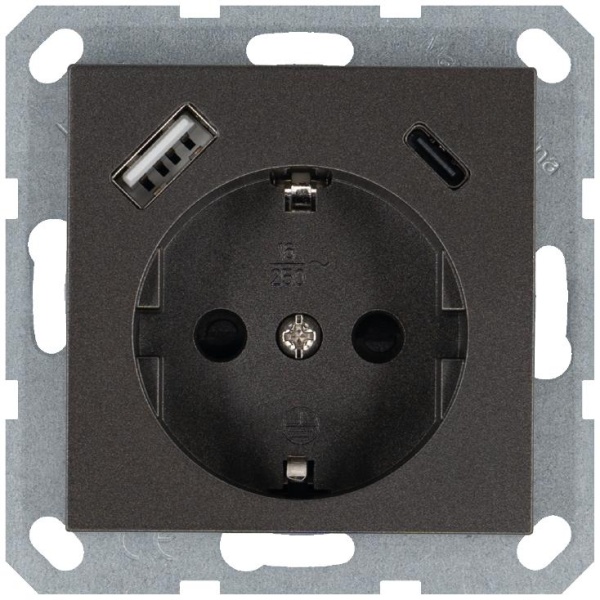 Розетка Shuko 16А с заземл. защ. шторки с 2-мя заряд. устройствами USB тип A+C 25Вт механизм мокко Jasmart G5501USB-25Z