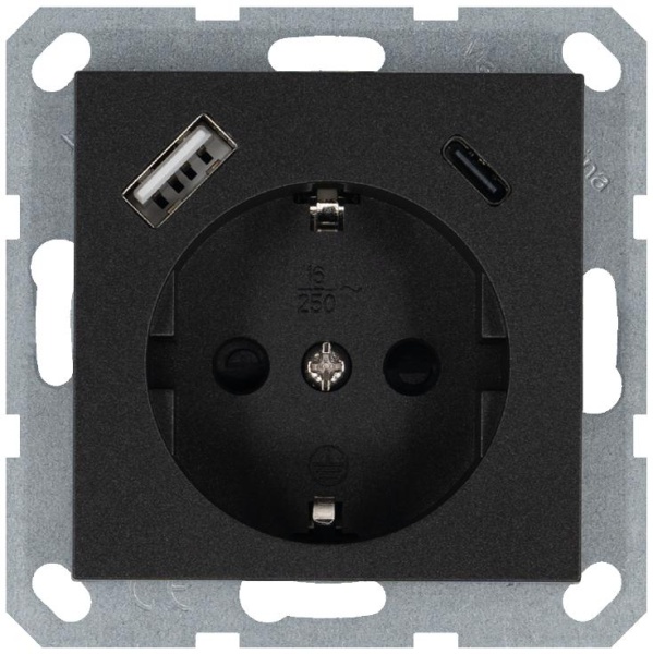 Розетка Shuko 16А с заземл. защ. шторки с 2-мя заряд. устройствами USB тип A+C 25Вт механизм антрацит Jasmart G5501USB-25B