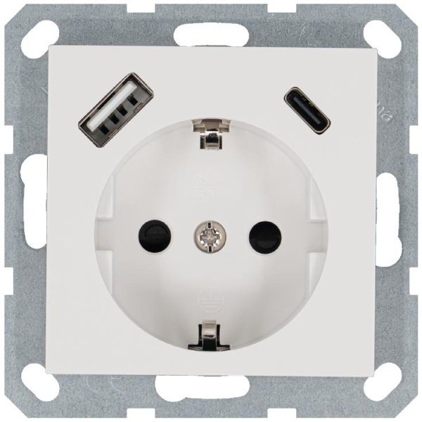 Розетка Shuko 16А с заземл. защ. шторки с 2-мя заряд. устройствами USB тип A+C 25Вт механизм бел. глянцевый Jasmart G5501USB-25W