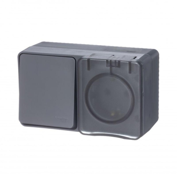 Блок ОП AtlasDesign PROFI IP54 (розетка 1-м 16А заземл. защ. шторки + 1-кл. выключатель 10А) антрацит SE ATN544070