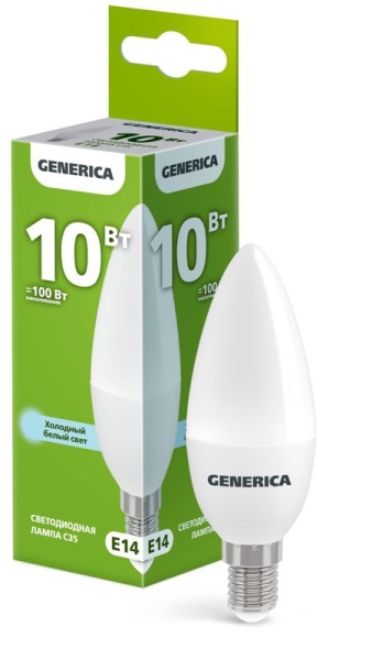 Лампа светодиодная C35 10Вт свеча 6500К E14 230В GENERICA LL-C35-10-230-65-E14-G