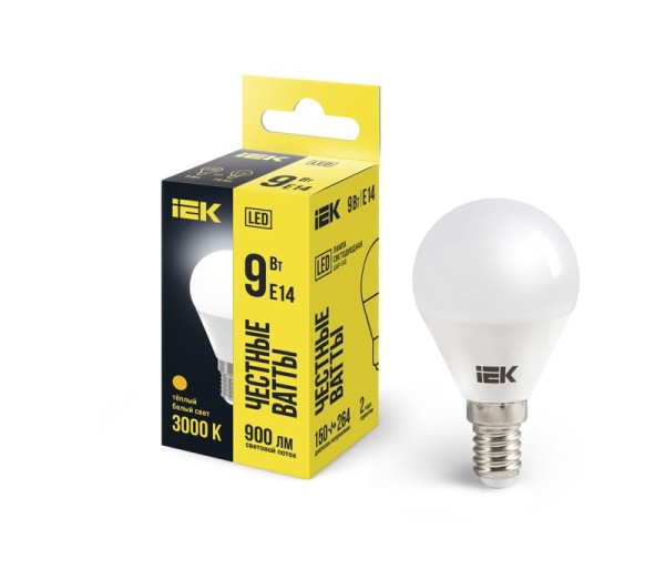 Лампа светодиодная G45 9Вт шар 3000К E14 230В IEK LLE-G45-9-230-30-E14