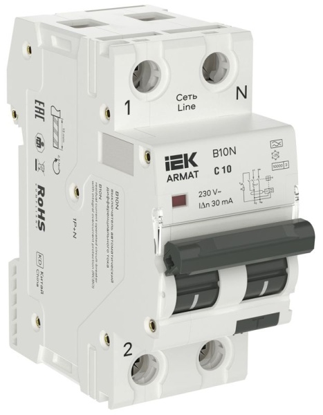 Выключатель автоматический дифференциального тока 2п (1P+NP) C 10 30мА тип A АВДТ B10N 36мм ARMAT IEK AR-B10N-1N-C010A030