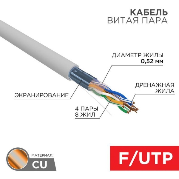 Кабель витая пара F/UTP кат.5e 4х2х24AWG LSZH нг(А)-HF INDOOR SOLID сер. (305м) PRO Rexant 02-0021