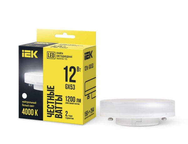 Лампа светодиодная 12Вт T75 таблетка 4000К нейтр. бел. GX53 230В IEK LLE-T80-12-230-40-GX53