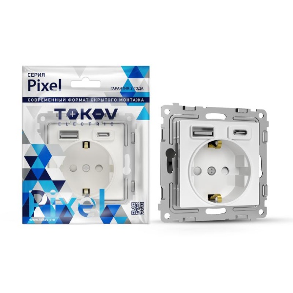 Розетка 1-м СП Pixel IP20 с заземл. с 2-мя заряд. устр. USB тип A+C механизм бел. TOKOV ELECTRIC TKE-PX-R1U2AC-C01