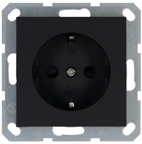Розетка 1-м Shuko 16А IP20 с заземл. защ. шторки механизм черн. матов. soft touch Jasmart G5501PB