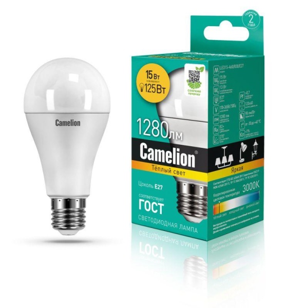Лампа светодиодная LED15-A65/830/E27 15Вт грушевидная 3000К тепл. бел. E27 1280лм 170-265В Camelion 12185